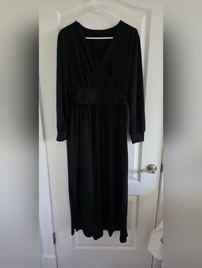 Black Long-Sleeve Wrap Dress with Waistband
